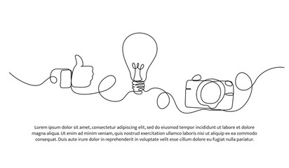 Continuous one line design of photography line ideas and hobbies. Minimalist style vector illustration on white background.