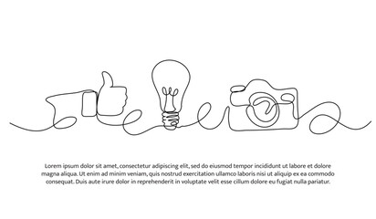 Continuous one line design of photography line ideas and hobbies. Minimalist style vector illustration on white background.
