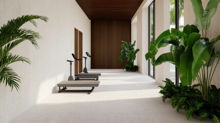 A luxury indoor gym with modern design and tropical plants, promoting a healthy lifestyle and wellness