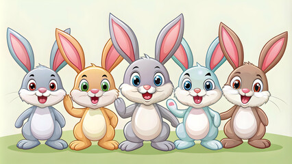 Adorable cartoon rabbits in a variety of poses and expressions, rabbit, bunny, cute, cartoon, animals, hares, fluffy, wildlife