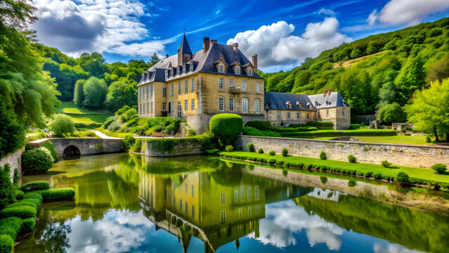 Majestic ch?teau de la Madeleine in Chevreuse, surrounded by lush greenery and a tranquil moat , Ch?teau, Madeleine