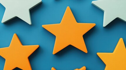 Obraz premium A collection of bright orange and blue star-shaped objects on a vibrant blue background, symbolizing creativity and design