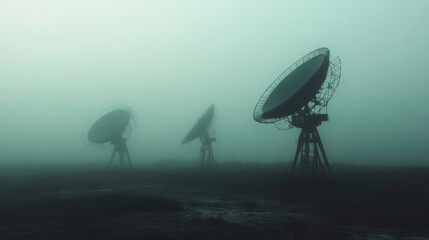 Fog envelops satellite dishes in mysterious environment, creating an eerie atmosphere. scene captures essence of technology amidst natures obscurity