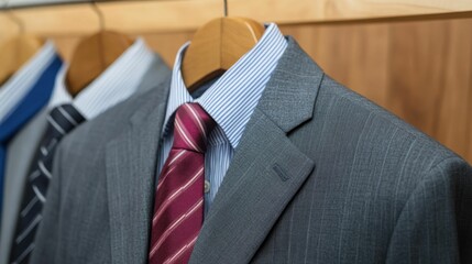 A close-up of an elegant gray suit with a striped tie on a hanger, representing professional business attire and formal wear.