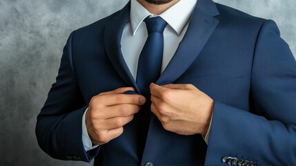 Close-up of a man adjusting his blue suit jacket and tie, symbolizing professionalism and business attire preparation.