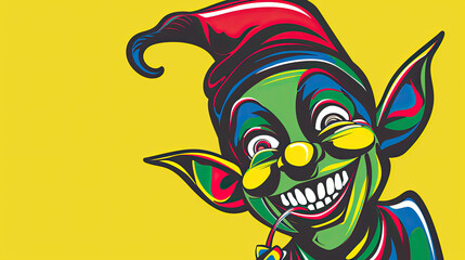 Fototapeta premium Playful Pop-Art Elf in Bold Colors and Black Outlines Set Against a Vibrant Yellow Background