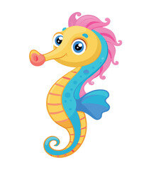 Fototapeta premium Cute cartoon seahorse smiling and posing underwater