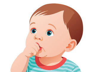 Cute baby boy sucking his thumb and looking up with big blue eyes