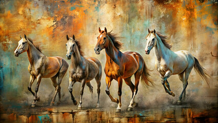 Abstract modern painting with metal elements and textured background featuring animals, specifically horses , modern