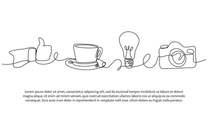 Continuous one line design of find ideas in photography hobbies. Minimalist style vector illustration on white background.