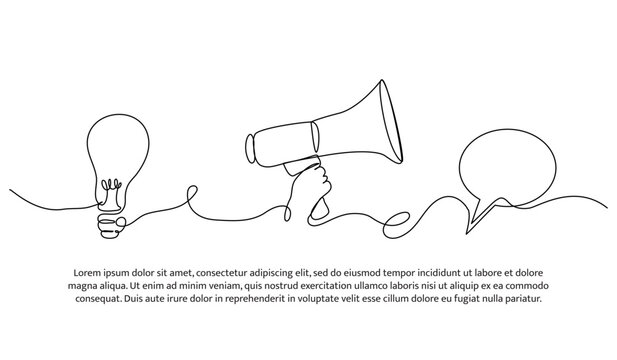 Continuous one line design of conveying ideas via megaphone and chat. Minimalist style vector illustration on white background.