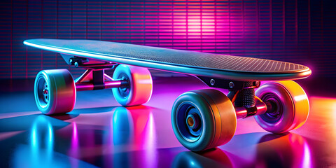 Retro skateboard with vibrant 1980s-inspired graphics and neon wheels, skateboard, retro, 1980s, vibrant