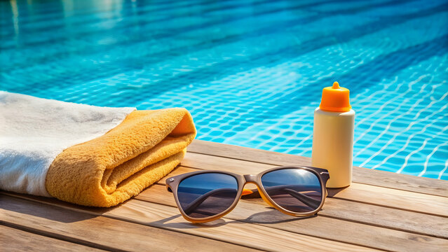 Poolside summer essentials including sunscreen, sunglasses, and towel , pool, summer, essentials, sunscreen
