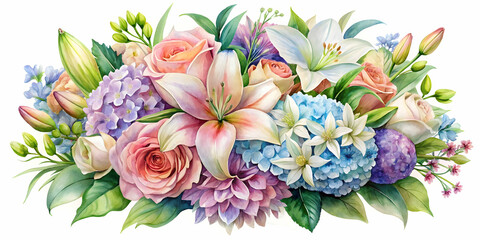 Watercolor of vibrant individual wedding flowers including lilies, hydrangeas, and gardenias, watercolor,wedding