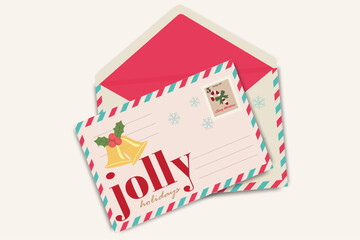 Christmas envelope and greeting card with Christmas bell, holly leaves and holiday stamp on colorful background. Merry Christmas card. Winter Holiday Vintage Greeting Card.