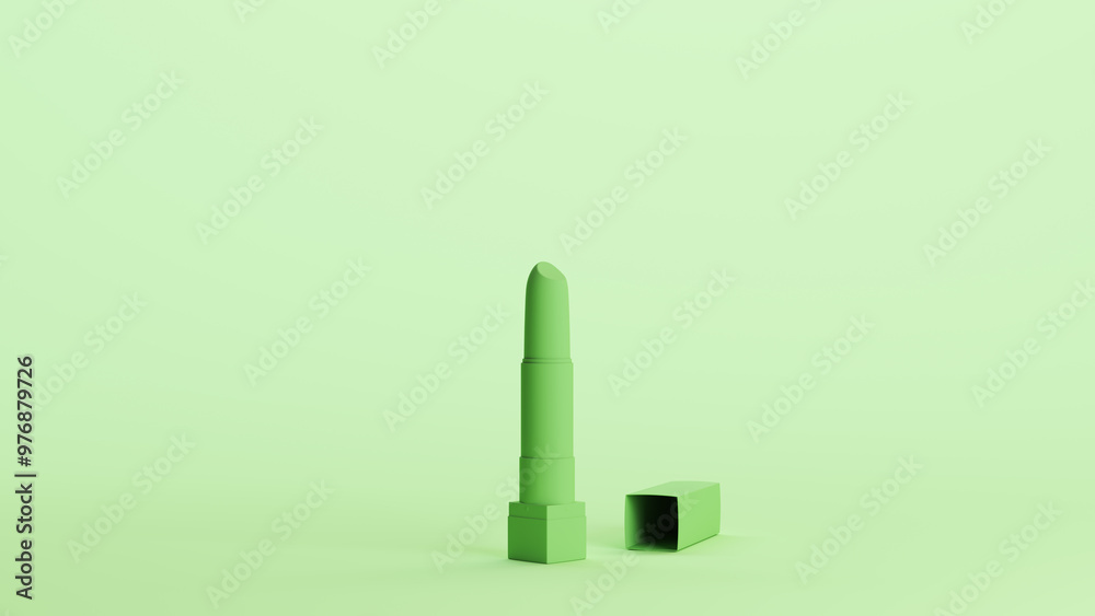 Wall mural Lipstick beauty cosmetic product make-up green monochrome soft tones pale mint green background 3d illustration render digital rendering