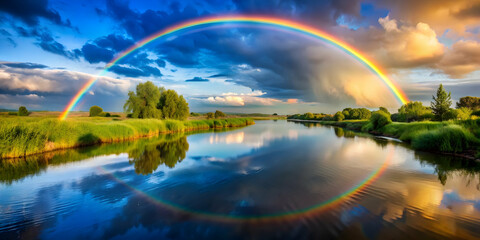 Rainbow arching over a tranquil river, rainbow, river, water, colorful, nature, landscape, scenic, reflection, sky, clouds
