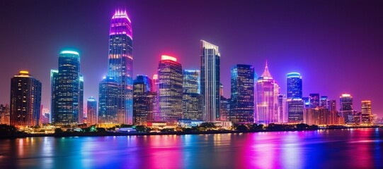 Naklejka premium Vibrant Night Cityscape with Illuminated Skyscrapers and River Reflections