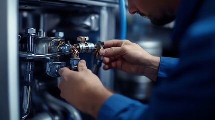A plumber is working on a pipe.