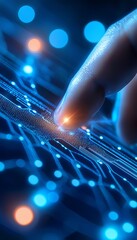 A close-up of a finger interacting with a glowing digital interface, showcasing technology and connectivity in a futuristic setting.