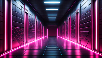 Fototapeta premium Vibrant Neon Hallway with Reflective Surfaces