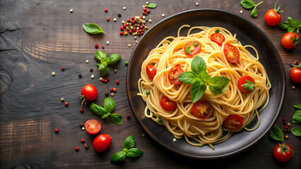 Plate of spaghetti garnished with herbs and tomato pieces, spaghetti, plate, garnish, herbs, tomato, pasta, food, Italian