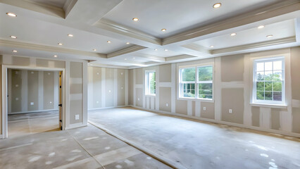 Walls of newly built home are smoothly plastered with gypsum ready for painting