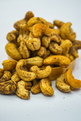 Masala Cashew Nuts, Roasted Kaju in Ghee Dry Fruits selective focused 