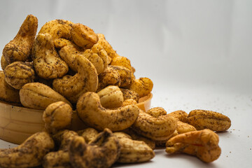 Masala Cashew Nuts, Roasted Kaju in Ghee Dry Fruits selective focused 