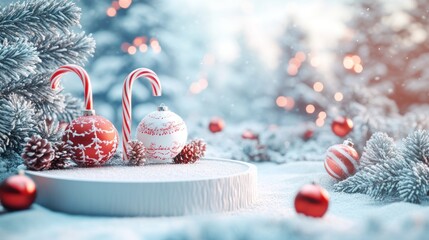 A 3D display podium with holiday ornaments and candy canes in a snowy, festive background.