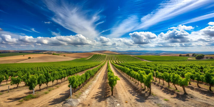 Vineyard field under blue sky in Ribera del Duero, Castilla, vineyard, field, blue sky, white clouds, Ribera del Duero