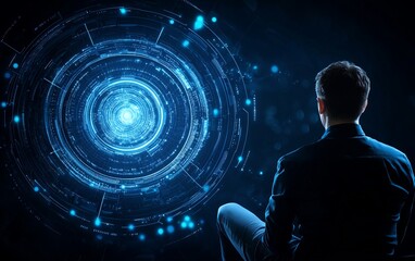 A contemplative figure gazes at a mesmerizing blue digital portal, exploring the intersection of technology and imagination.