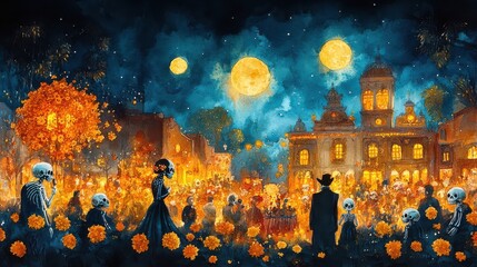 Day of the Dead Celebration in Watercolor Style