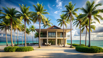 Fototapeta premium Tranquil beachfront villa with beautiful palm trees, palm trees, beach, villa, tranquil, serene, relaxation, getaway