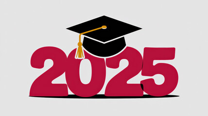 A vibrant red illustration of the year "2025" with a graduation cap on top of the "5". The cap is black with a gold tassel. The background is white.