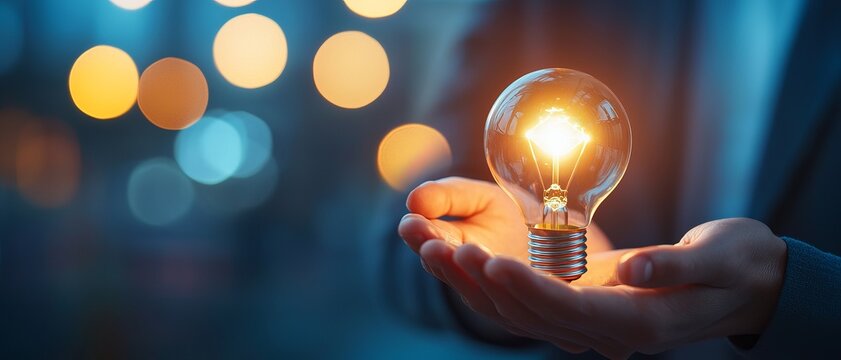 A glowing light bulb held in hands symbolizes innovation, creativity, and bright ideas amidst a colorful background.