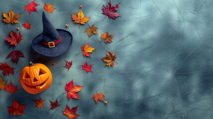 Minimalist Halloween Scene with Pumpkin and Witch Hat