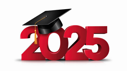A vibrant red design that represents the year 2025. Positioned on top of the number '2025' is a graduation cap, symbolizing education or a graduation event. The cap is black with a gold tassel