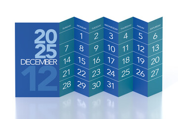 December 2025 Calendar. Isolated on White Background. 3d Rendering