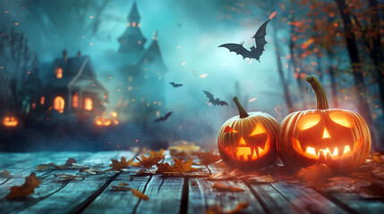 Halloween Pumpkins, Bats, and Eerie Cottage in Fog