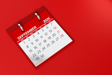 September 2025 Calendar. Isolated on Red Background. 3d Rendering