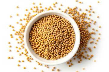 Yellow mustard seeds in a wooden bowl on white background