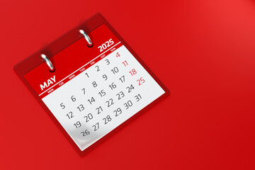 May 2025 Calendar. Isolated on Red Background. 3d Rendering