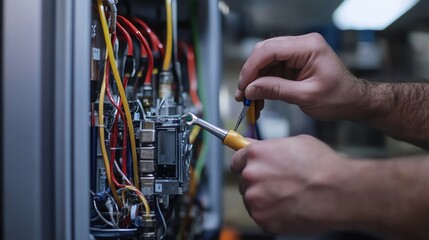 A technician is working on electrical wires.