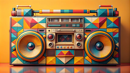 Detailed of a vintage boombox with abstract geometric shapes and colorful accents