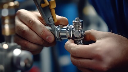 Fototapeta premium Plumber tightening a compression fitting, focus on hands and tools, captured in sharp 8K detail with precision on the metallic surfaces and connectors