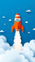 A vibrant rocket launching into the sky, surrounded by clouds, symbolizing innovation and exploration.