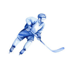 Fototapeta premium hockey player with stick in motion, hand drawn watercolor sketch of ice sport theme, illustration on white background, for hockey decoration