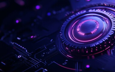Obraz premium Futuristic circuit board with vibrant purple highlights and a central dial, showcasing advanced technology and innovation.