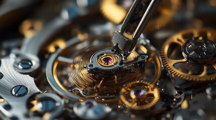A close up of a watchmaker using a screwdriver to work on a watch mechanism.